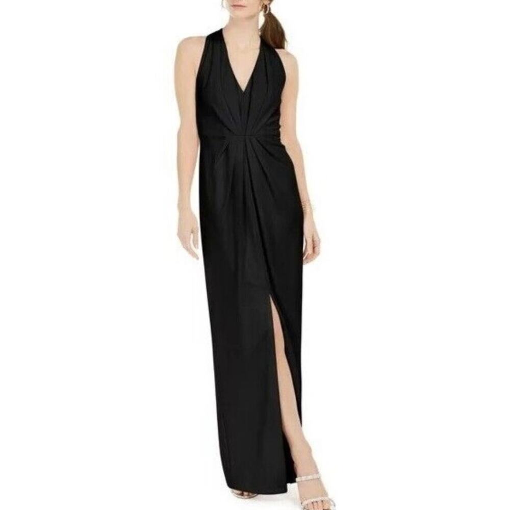Adrianna Papell Black Ruched Formal Gown – Front Slit